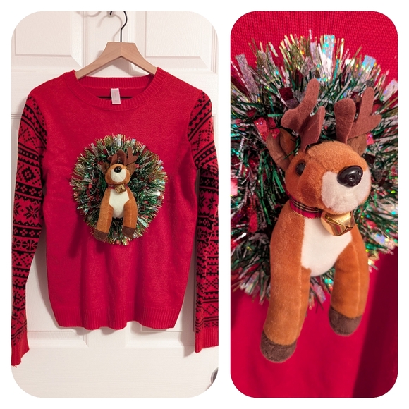 No Boundaries Ugly Christmas Sweater 3D Reindeer With Tinsel Red Medium - Picture 1 of 7